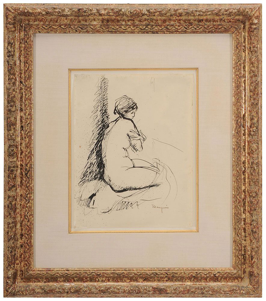 Henri Charles Manguin: (France, 1874-1949) Seated Nude, signed lower right "Manguin" in brown ink, pen and ink on paper, 10-1/2 x 8-1/8 in.; modern painted wood frame, laid on paper, with losses to original paper lo