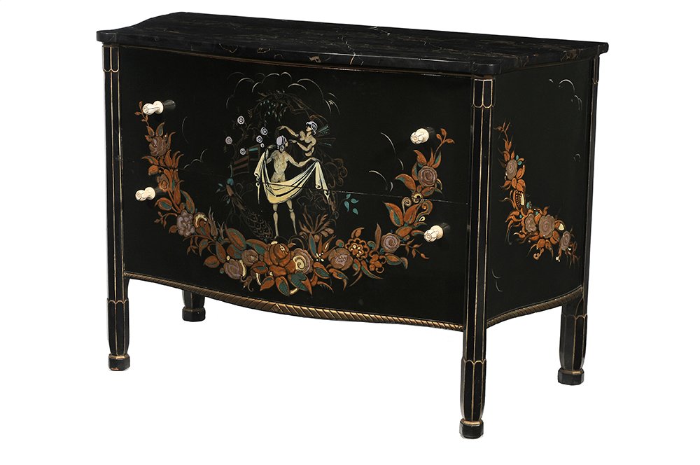 Art Deco Style Dark-Green: Lacquered, Painted and Parcel Gilt Serpentine-Front Commode French, 20th century, in the manner of Louis Süe and Andre Mare, dovetailed drawers with mahogany linings, case in dark green lacquer w