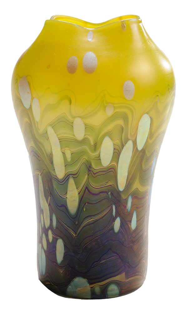 Loetz Glass Vase with Pinched Rim: Austria (Loetz), circa 1900, greenish-blue iridescent oil spot decoration on wavy ground graduating from dark green at the bottom to light green at the top, unmarked, polished pontil, 7-1/4 in., good