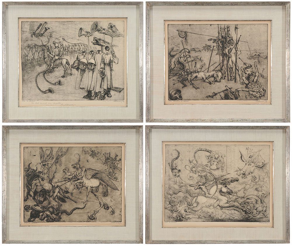 Holley Chirot and Marcel Chirnoaga: (American, 1944-1984, Romanian, 1930-2008) Four surrealist etchings: Aprés la bataille or Vaincoeurs (sic) et vaincus, 13-3/4 x 18 in.(plate), Le Serment, 21 x 16-1/4 in. (plate), La Parade, 13-3