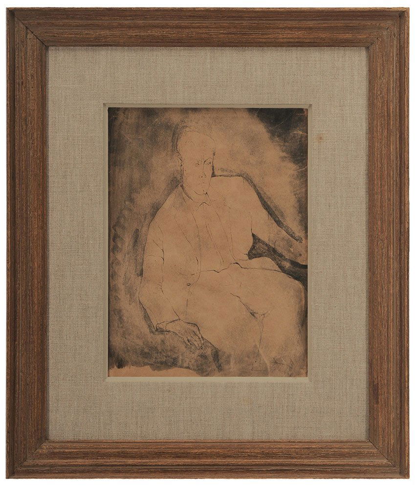 European School: (20th century) Seated Man, unsigned, ink and ink wash on brown paper, 13-7/8 x 10; wood frame by Heydenryk, hinged in, creases, toning. Provenance: Property from the Collection of Robert and Elizabeth