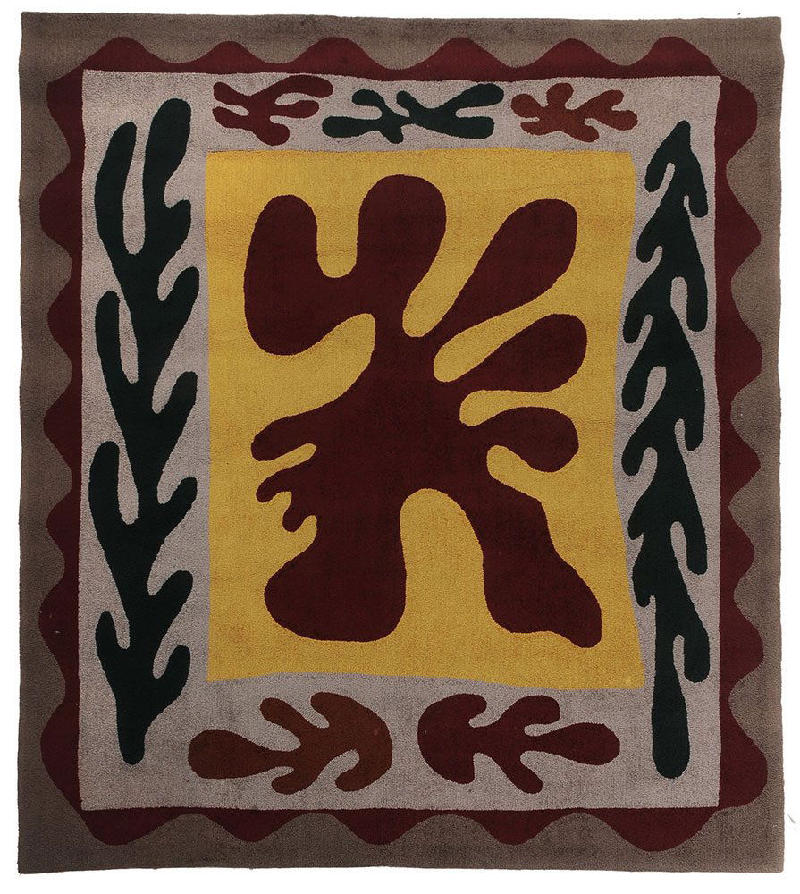 Edward Fields Carpet, Style of Matisse: late 20th century, hooked construction with yellow central panel, undulating border design, green, red, and rust designs, verso marked ?Edward Fields Inc. Copyright 1981 22926?, 6 ft. 9 in. x 7 ft. 9