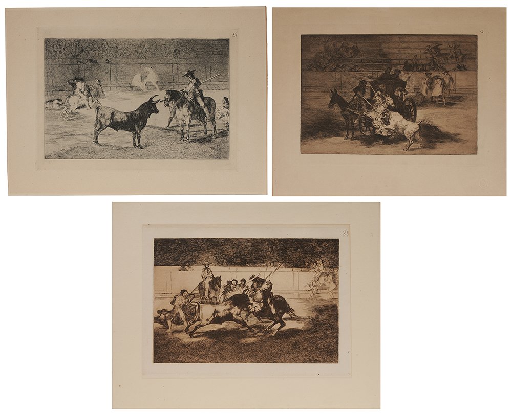 After Goya: (Spanish, 1746- 1828) Three etchings from La Tauromaquia including El esforzado Rendon picando un Toro (#28), 8-1/8 x 12-1/16 in. (plate), 13-5/8 x 17-5/8 in. (sheet), very good on laid paper, no wate