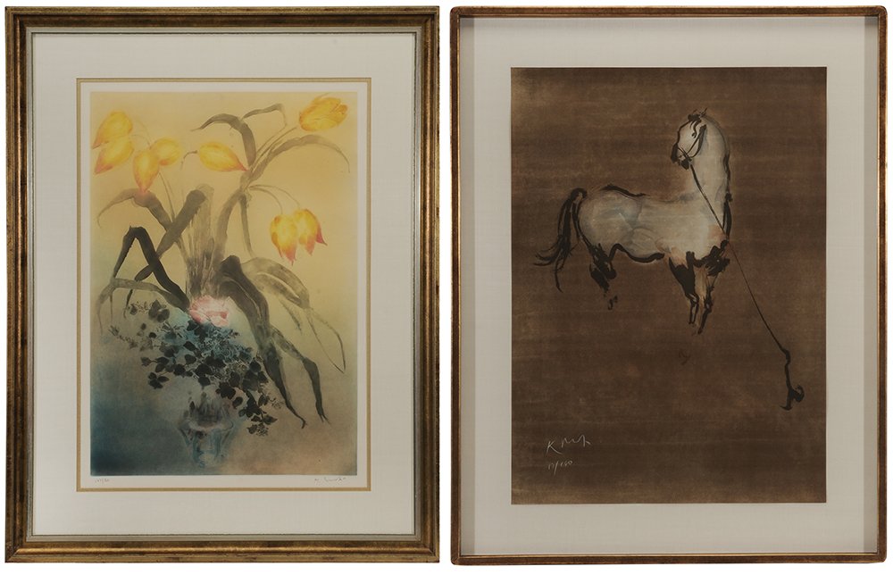 Kaiko Moti: (France/India/United Kingdom, 1921-1989) Two prints: Still Life with Tulips, edition 147/160, aquatint and etching, 30-5/8 x 21-1/4 in. (plate), and Horse, edition 17/180, lithograph, floated, 29-1/2
