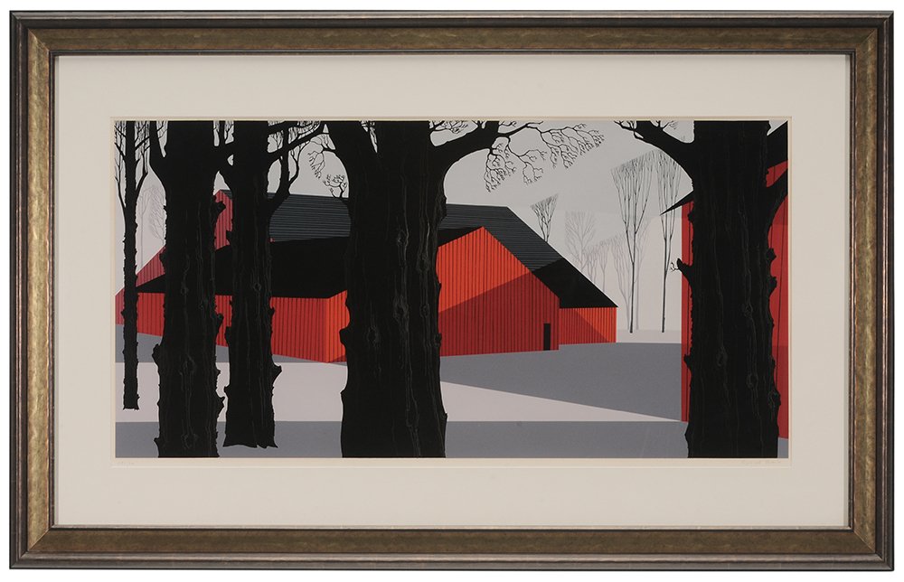 Eyvind Earle: (New York/California/, 1916-2000) Red Barn, 1974, signed lower right "Eyvind Earle", serigraph on paper, 19-7/8 x 39-5/8 in. (image); fine silver-gilt frame, good condition, not examined out o