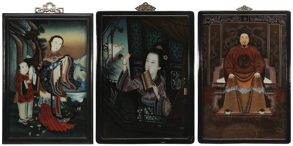 Three Reverse Paintings on Glass: Chinese, late 19th/early 20th century: seated nobleman of rank seated in finely carved throne chair before a five-panel screen, 26 x 17-1/2 in., black-lacquered frame; elaborately gowned maiden with a
