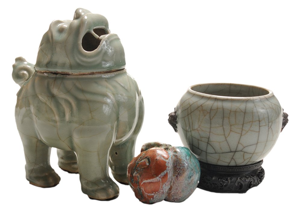 Celadon Crackle-Glaze Two-Handled: Bowl on Wood Stand, Glazed Altar Fruit, Celadon Porcelain Figural Incense Burner Chinese, 20th century, celadon bowl with brown-glazed foo dog ring handles, unmarked base, 3 x 4-7/8 in. at handles, ad