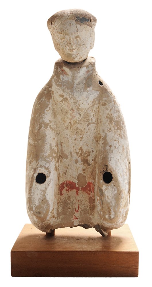 Antique Han Dynasty Painted Pottery: Figure of an Attendant Chinese, ancient, polychrome-decorated removable head, upright kneeling body, 19-1/2 in., on wooden platform base, 21-1/2 in. overall, lacking hands, head with extensive paint l