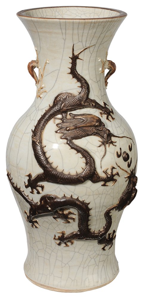 Large White Crackle-Glazed Vase: with Five-Clawed Dragon and Crane Chinese, 19th century, white-to-gray crackle glaze with Chinese brown-glazed dragon and crane, unglazed circular foot, base with four-character calligraphy mark in br