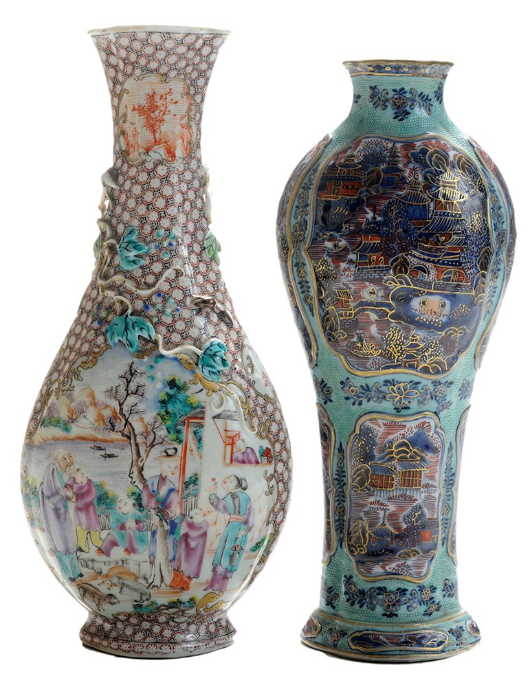 Two Chinese Export Mantle Garniture: Vases late 18th/early 19th century: Mandarin vase with blue and gilt floral decoration on turquoise sharkskin ground, paneled vignettes depicting gilt landscape views, flaring platform base, 11-1/4 in