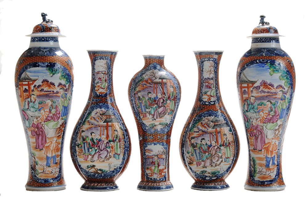 Fine Chinese Export Canton Mandarin: Mantle Garniture Set late 18th century: vases of high-shoulder form, each heavily enameled with figures and flowers, floral and scroll borders, pair hexagonal vases, 11-7/8 in., one with two chips to 
