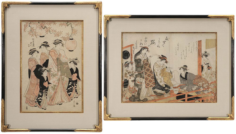 Hosoda Eishi: (Japanese, 1756-1829) Two woodblock prints: Courtesans Parading Under Maple leaves and two others, signed with chops lower right and lower left, calligraphy upper left, 14-5/8 x 10 in. (image), silk m