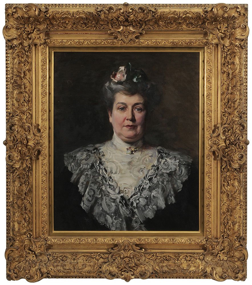 Irving Ramsey Wiles: (New York, 1861-1948) Mrs. George Washington Martin (nee Martha Lee Williams, Martin, Tennessee, 1850-1936), signed upper left and verso canvas "Irving R. Wiles 1905", oil on canvas, 27 x 22 i