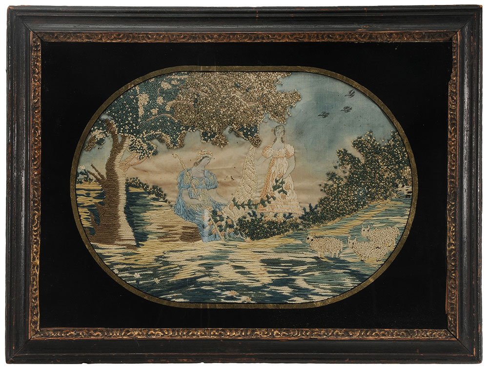 Silk Embroidery: probably American, early 19th century, oval landscape of shepherdess with sheep and woman holding a cornucopia, eglomise mat, silk floss, watercolor and ink on silk ground, label on back "Betsy Th