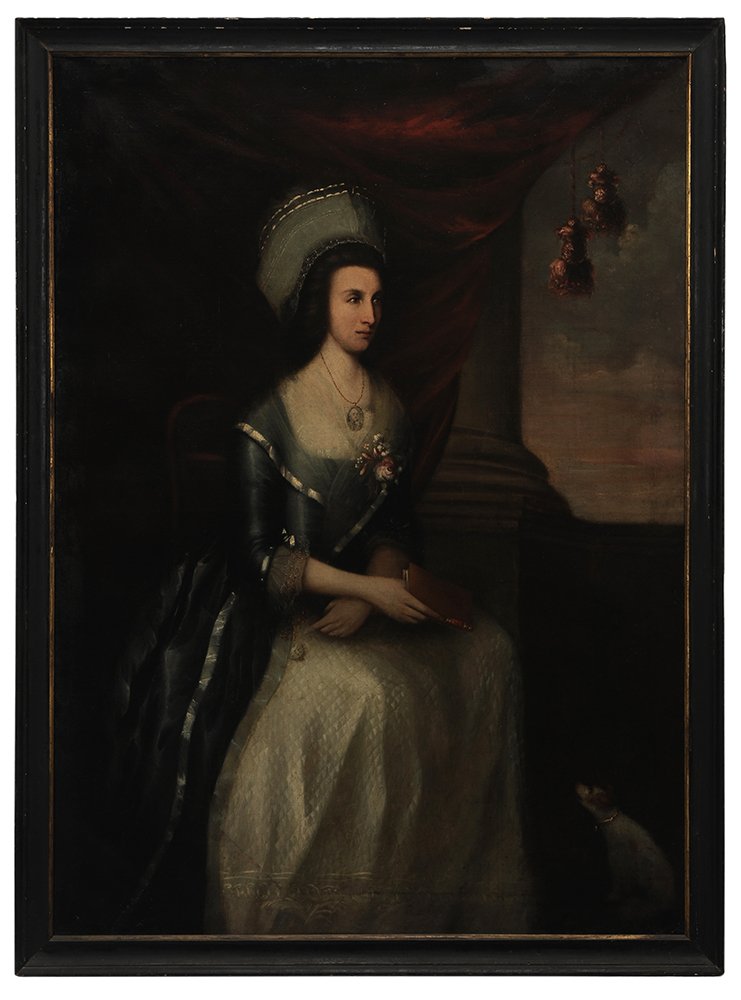 Manner of Benjamin West: (American/English, 1738-1820) Portrait said to be of Elizabeth Price Cox, 18th/19th century, unsigned, oil on canvas, 66 x 47-3/4 in.; period black painted frame, lined, stretcher marks, scattered ret