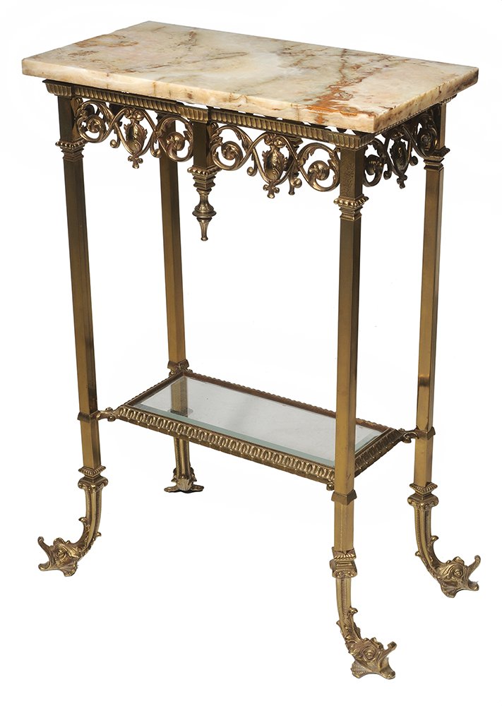 Aesthetic Movement Brass and: Marble-Top Side Table with Figural Dolphin probably American, late 19th century, marble top over elaborate brass frame, beveled glass lower shelf and bold open-mouth dolphin feet, 32-1/2 x 22 x 12 in.