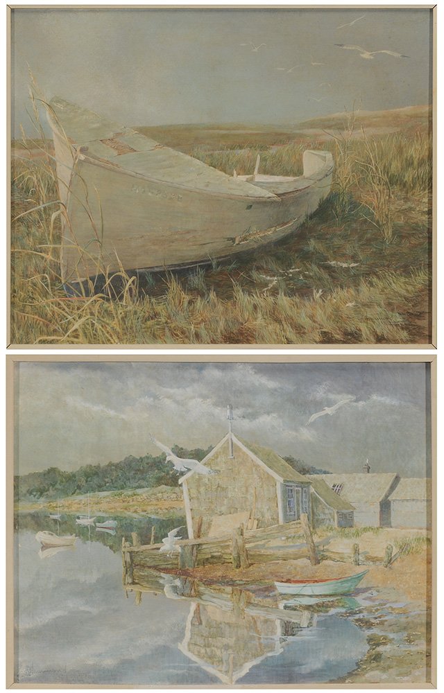 Betsy Hammond Bennett: (Massachusetts, 1928-2007) Two Cape Cod Coastal Scenes: Water Reflection, 14 x 18 in., and Boat, 16 x 20 in., both signed "B. Hammond", tempera on Masonite; wood frames, good condition. Proven
