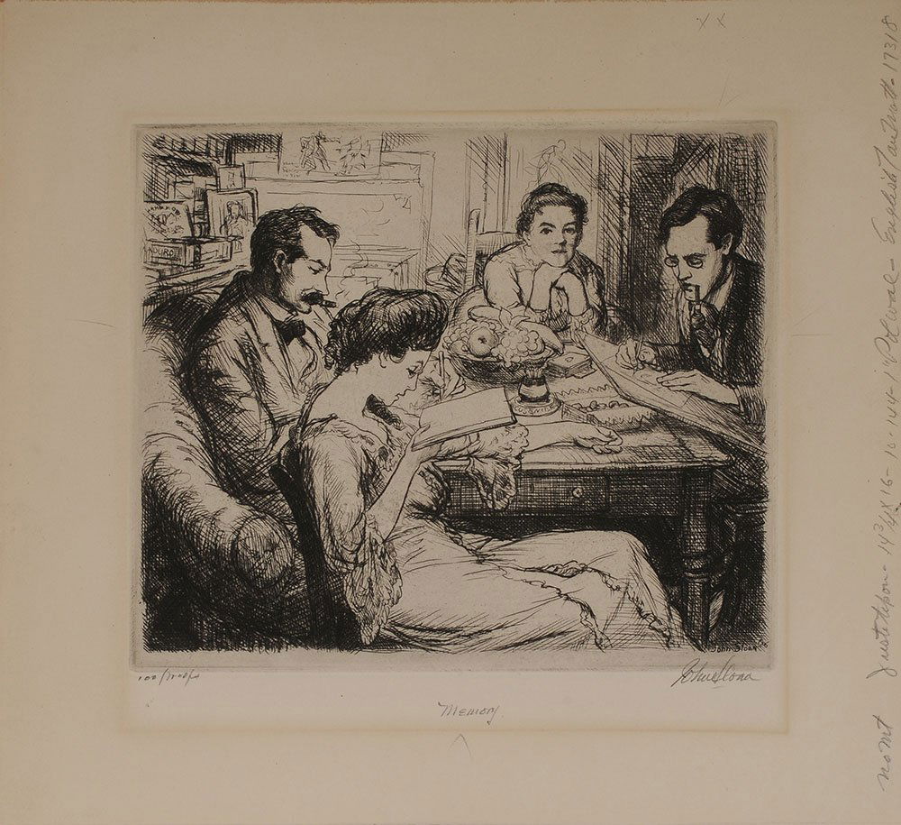 John French Sloan: (New York/New Mexico/New Hampshire, 1871-1951) Memory, 1 of 100 proofs, signed lower right "John Sloan", etching on paper, 7-1/2 x 8-7/8 in. (plate) 11-1/2 x 12-1/4 in. (page); wood frame, fra