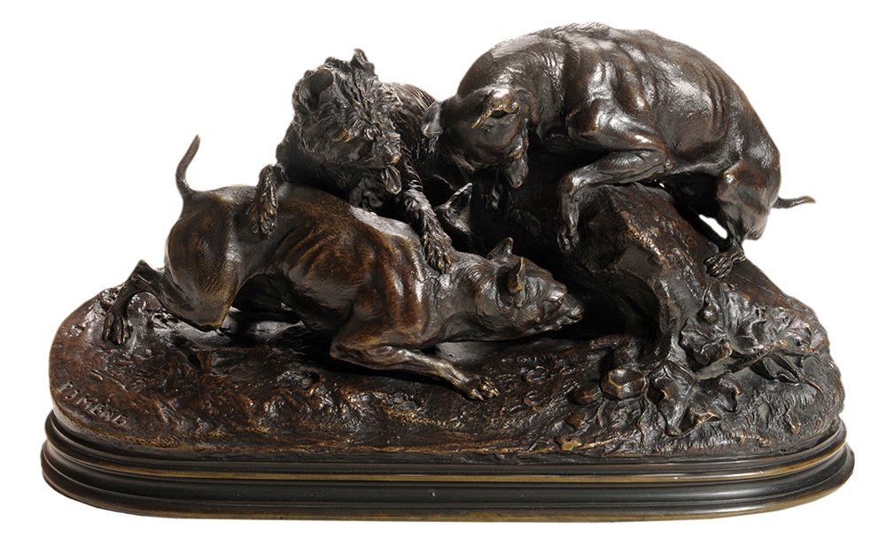 Pierre Jules Mêne: (French, 1810-1879) Trois chiens au terrier, chasse au lapin, signed "P. J. Mene", patinated bronze, 8 x 15 x 7-3/4 in., surface with minor rubbing, oiled. Provenance: Brunk Auctions, January 