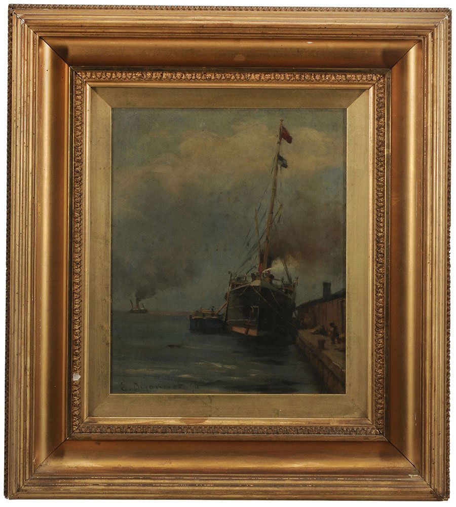 Edmond Dyonnet: (Canadian, 1859-1954) Anchored Steamer, 1896, signed lower left "E. Dyonnet, 96", oil on panel, 10-3/4 x 8-3/4 in.; gilt wood and composition frame, panel cradled, yellowed varnish, light abra