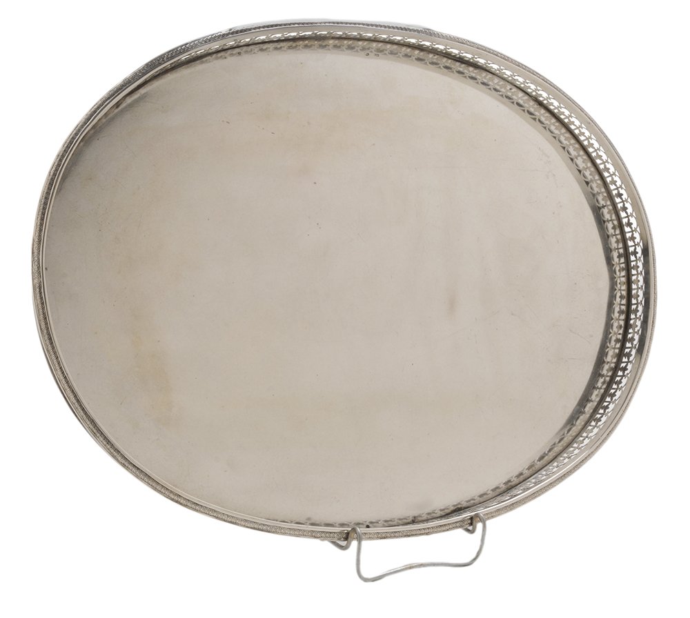 Continental Silver Gallery Tray: Continental, late 19th/early 20th century, oval with openwork arch and foliate gallery, tests .900 or better, partial marks, 43.31 oz. T., 17-3/4 in., light scratches, small spots of pitting. Provenan