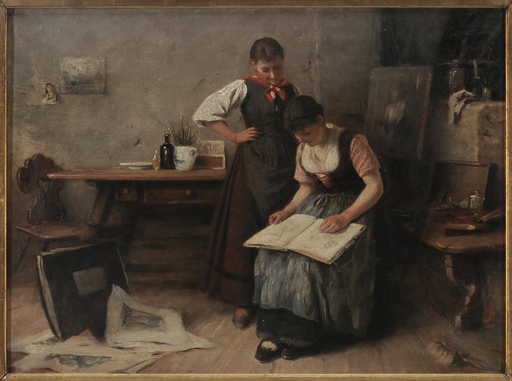 German School: (19th century) The Critique, two young women looking at sketches in a studio, signed bearing inscription on stretcher verso "Köster Karlsruhe 1896" (inferring Alexander Max Koester, Germa