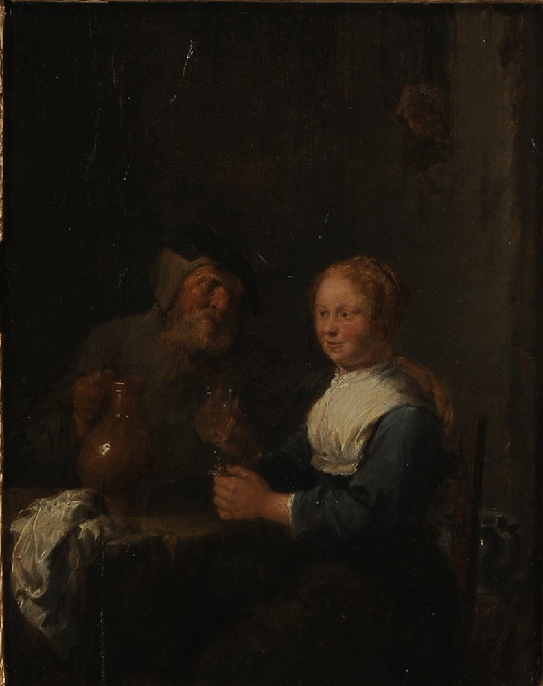 Follower of David Teniers the Younger: (Flemish 1610-1690) Tavern Scene, old man with woman at a table, unsigned, oil on panel, 10-1/4 x 8 in.; gilt wood and composition frame, cradled panel, areas of overcleaning, areas of retouch, split 