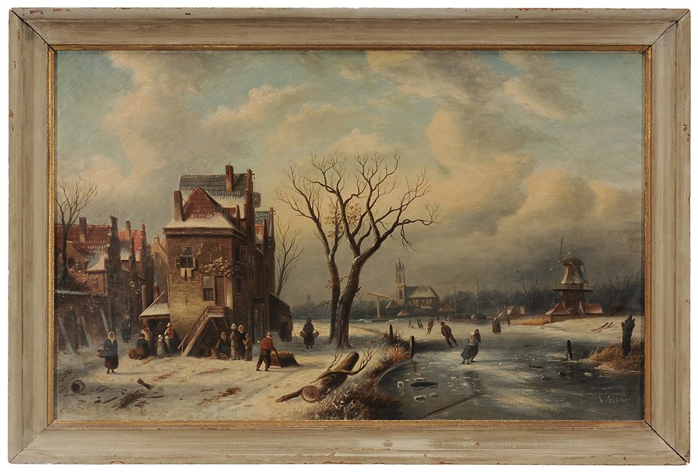 Manner of Charles Henri Joseph: Leickert (Belgian, 1818-1907) Winter Skating on a Frozen River, signed lower right "C. Leickert", oil on canvas, 24-1/8 x 38 in.; original gilt wood and composition frame, original stretcher a