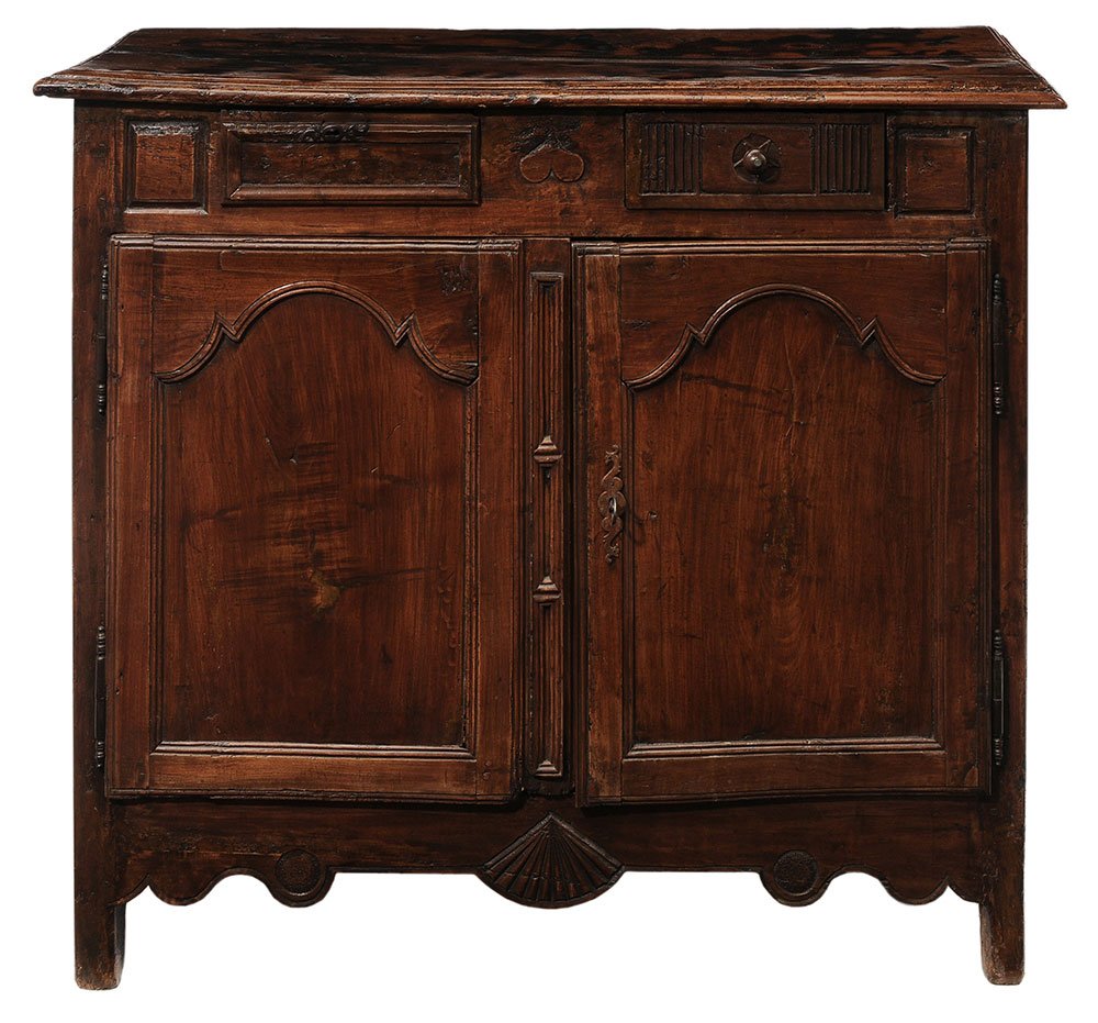 Louis XV Carved Fruitwood Cabinet: French, 18th century, cabinet or server, two drawers over two cabinet doors, frieze with heart motif, skirt with quarter fan and scrolls, steel hinges and escutcheons, 39-1/2 x 45-3/4 x 18-3/4 in., to