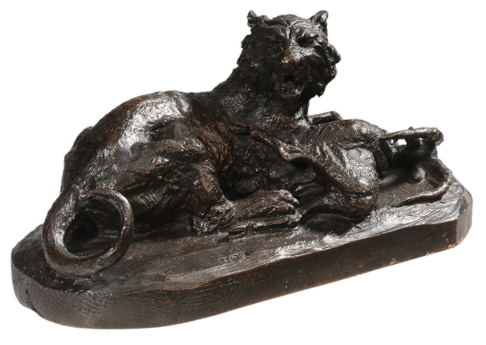 Christophe Fratin: (French, 1801-1864) Tiger with an Antelope, stamped on base "Fratin" with reversed "N" and impressed "69", patinated bronze, 4 x 8 x 3-3/4 in., oiled, abrasions on base