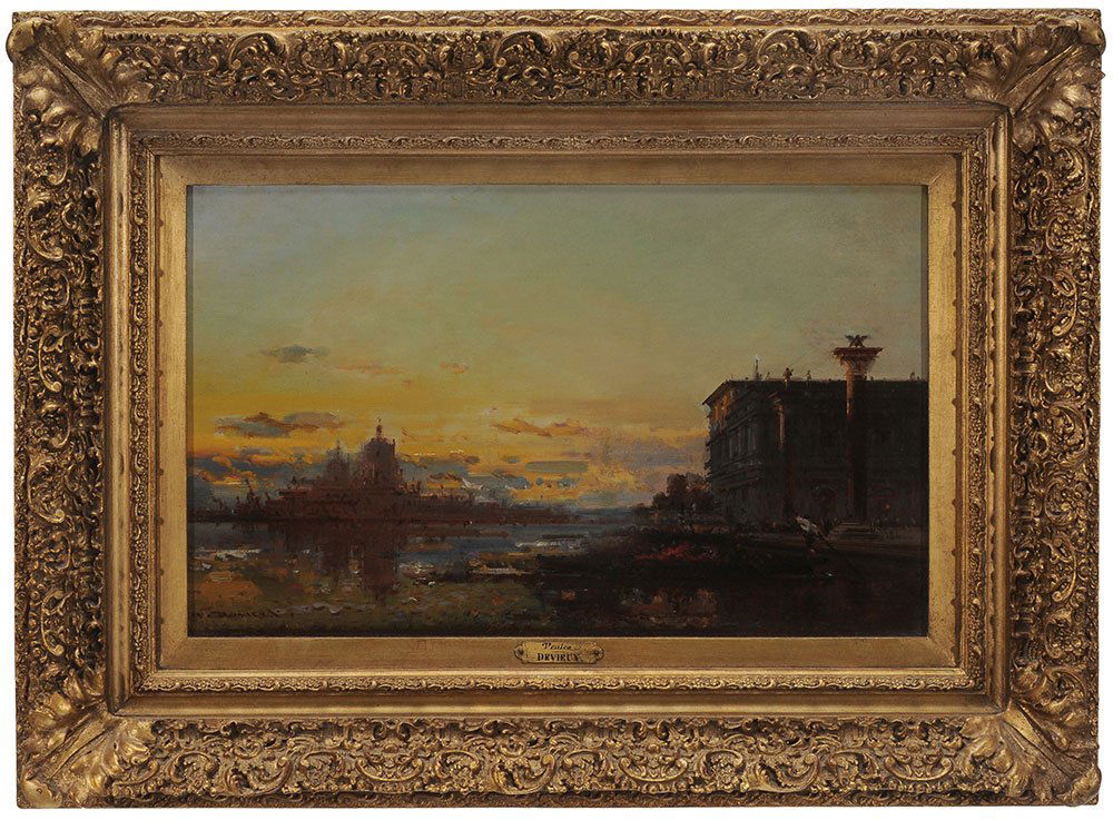 Henri Devieux: (French, 1839-1898) Venice, signed lower left "H. Devieux", oil on canvas, 16 x 23-3/4 in.; gilt wood and composition, lined, crackle, retouch upper left and at repair, other scattered retouch