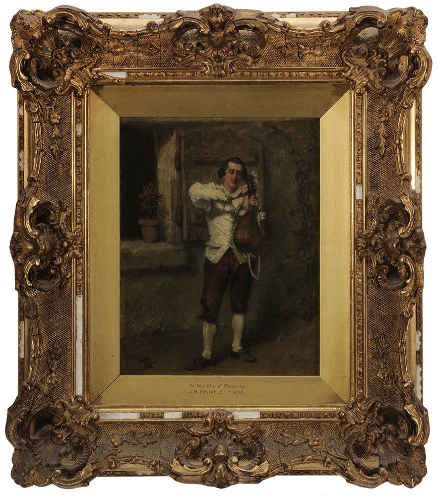 Jean Baptiste Fauvelet: (French, 1819-1883) To the Key of Harmony, a gentleman tuning a lute by a window, signed lower right "Fauvelet 53", oil on panel, 9-3/8 x 7 in.; gilt wood and composition frame, some gold accr