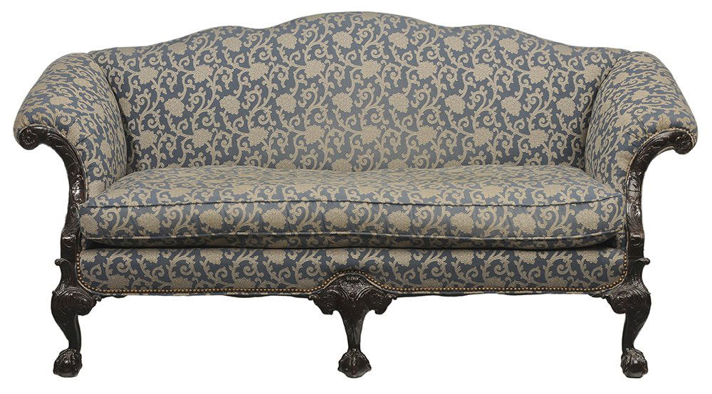 Irish Chippendale Style Carved: Mahogany Sofa probably 19th century, arched back and rolled arms, fine stylized leaf and rosette carved arm facings, cabriole legs on ball-and-bird-claw feet, 38-1/2 x 80 x 33 in., dark finish on fram