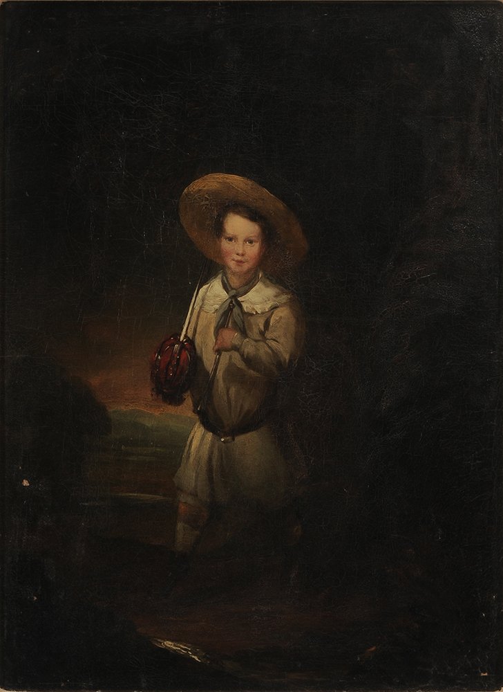 After Thomas Gainsborough: (British, 1727- 1786) Boy with Sword, unsigned, oil on canvas, 22 x 16-1/4 in.; gilt wood frame lined, crackle, cupping, cleavage, flaking, bloom. Provenance: Private Georgia Collection