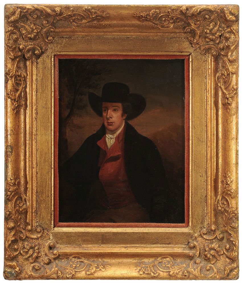 British School: (19th century) Portrait of a Gentleman in a Red Vest, seated in a landscape, unsigned, oil on panel, 9-3/4 x 8 in.; gilt wood and composition frame, yellowed varnish, small checking in panel; frame wi