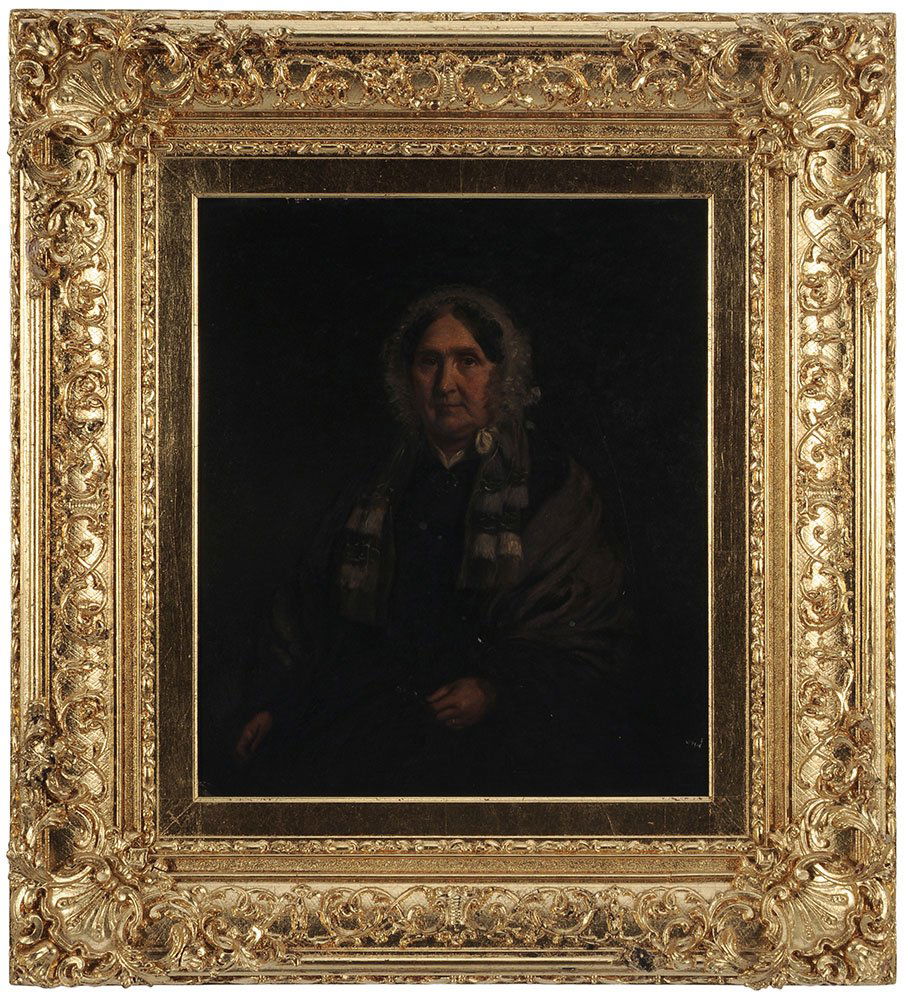 British School: (19th century) Portrait of a Lady, unsigned, oil on artist board, 14 x 12 in.; original gilt wood and composition frame, abrasions, grime, crackle and loss at bent corner lower left; frame regilt. Pro