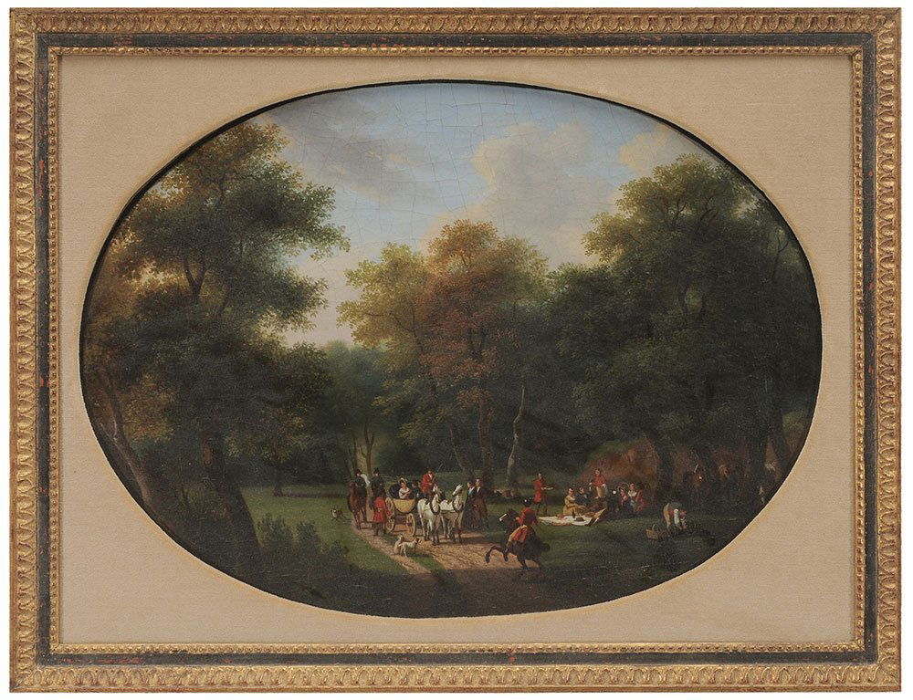 British School: (19th century) Picnic in a Clearing, unsigned, oil on canvas, 14-7/8 x 20-3/8 in; gilt wood frame, lined, crackle, painted in oval with feigned spandrel re-painted. Provenance: Estate of Norma P. Jone