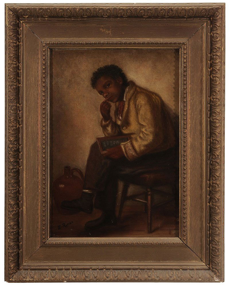 After William Henry Hunt: (British, 1790-1864) Portrait of a Boy with Slate, signed lower left "E. Renee", oil on canvas, 14-1/8 in.; original gilt wood and composition frame, original stretcher and tacking edge, stret