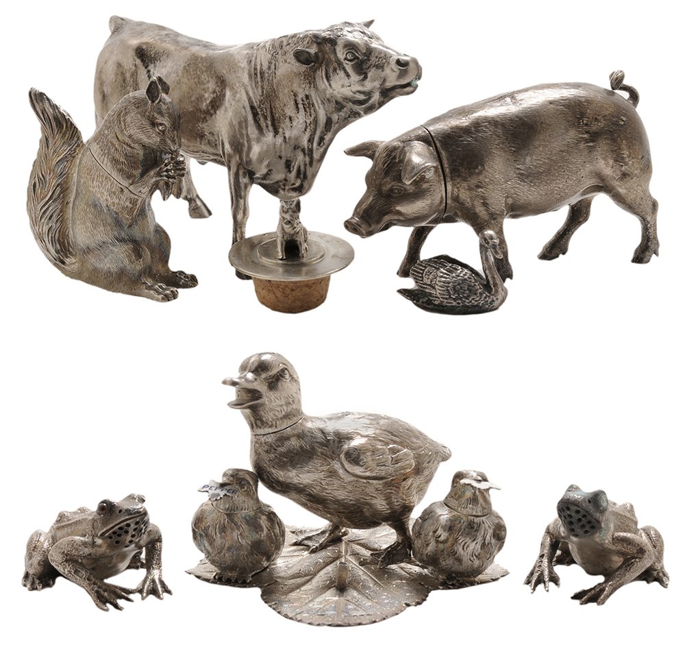 Eight English Silver Animals: English, late 19th/20th century, including cow; pair frog casters, corrosions; duck caster; swan; pig, stopper with pig finial; squirrel and bird condiment set, various makers, .925 fine, 32.38 oz. T.