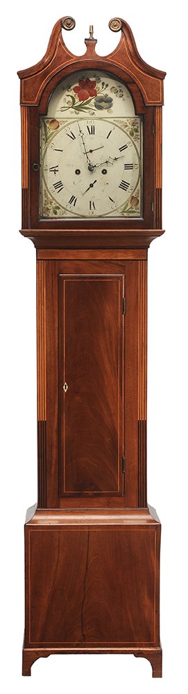 Hepplewhite Inlaid-Mahogany Tall: Case Clock British, early 19th century, floral-painted dial signed "John McNeish, Falkirk", brass movement, hood with swan's neck pediment, inlaid waisted case on bracket feet, bone escutcheon