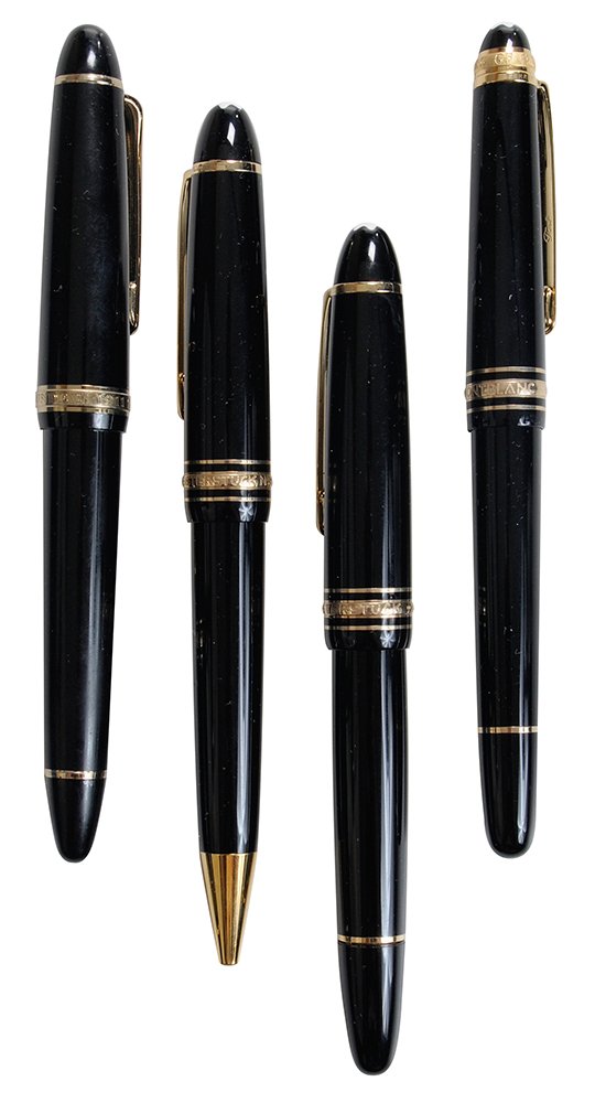 Four Montblanc Writing Instruments: including one 1911 Sailor 14 kt gold nib fountain pen and three Meisterstuck: one fountain pen, one traveling inkwell, and one ballpoint pen, 5-1?2 to 5 3?4 in.; with ink refills good condition. Prove
