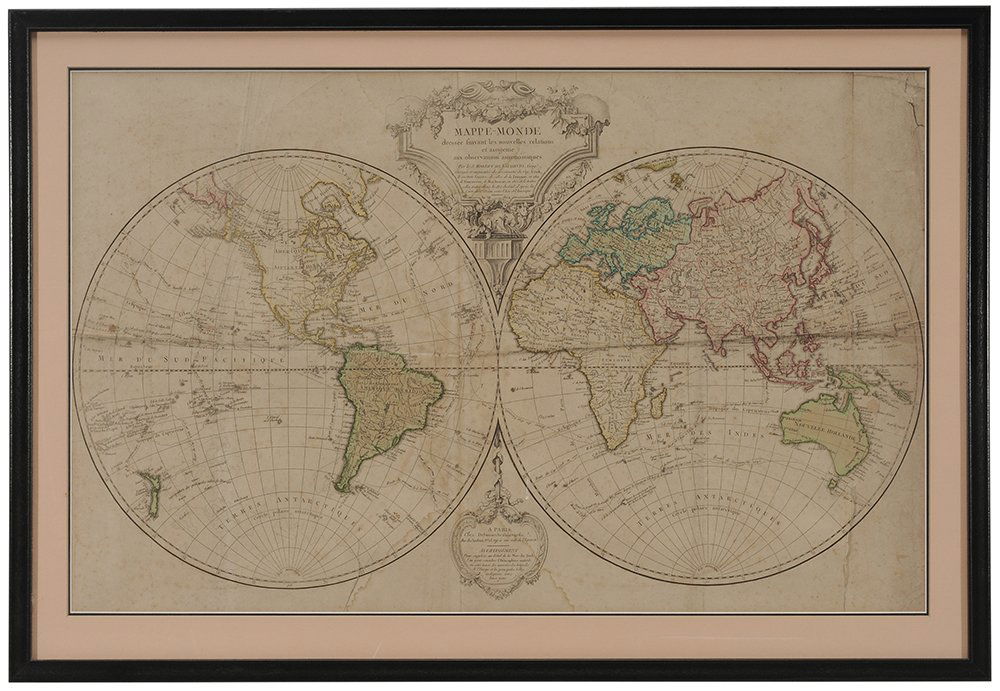 De Vaugondy Mappe-Monde, 1804: Paris, 1804, Mappe-Monde dresser suivant les nouvelles relations, etc., by Robert de Vaugondy, a double-hemisphere world map, sight: 18 x 28-1/2 in., good with one tear visible, wear on the top right
