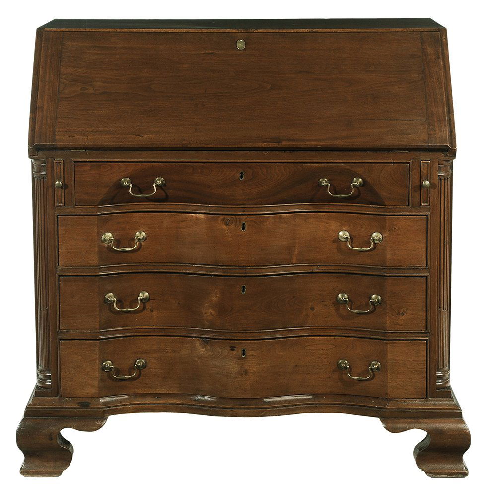 Important John Shearer Walnut: Serpentine Desk Martinsburg, Virginia (now West Virginia), 1801-1808, signed at least five times and inscribed in numerous places including "Shearer Joiner Martinsburg", walnut throughout with yellow