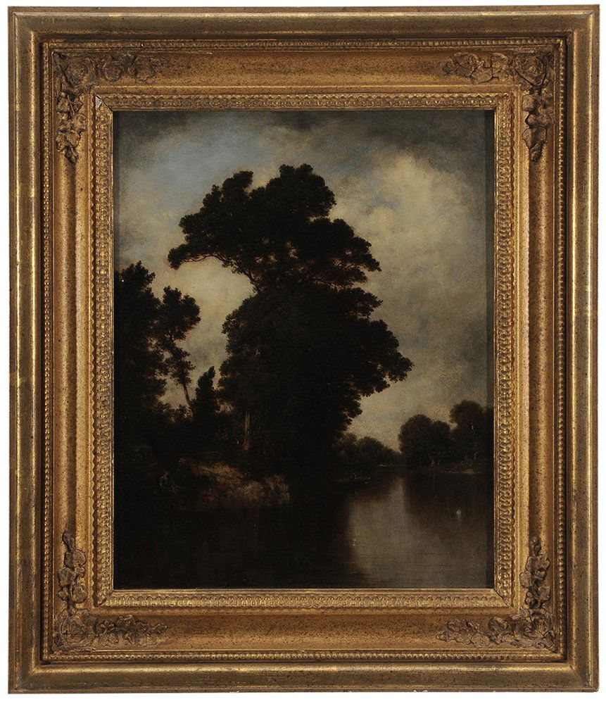 David Johnson: (New York, 1827-1908) A Riverside at Cos Cob, 1880, fishermen on the banks of a river, monogram lower left "DJ/80", signed, titled and dated verso, oil on panel, 16-1/4 x 13 in.; gilt wood and composi