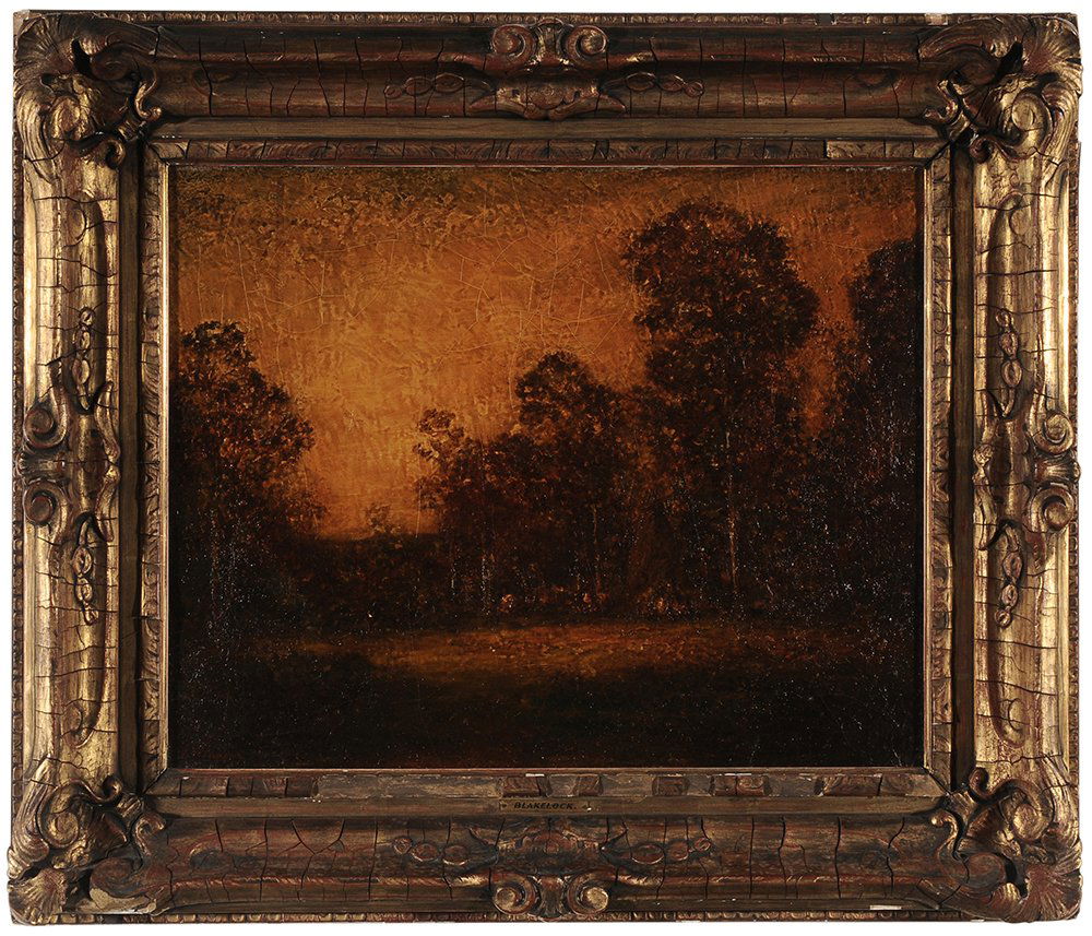 Manner of Ralph Albert Blakelock: (New York/California,1847-1919) Indian Encampment, signed lower left "R.A. Blakelock", oil on canvas, 16-1/8 x 20 in.; original gilt wood and composition frame lined and restretched on old stretcher,