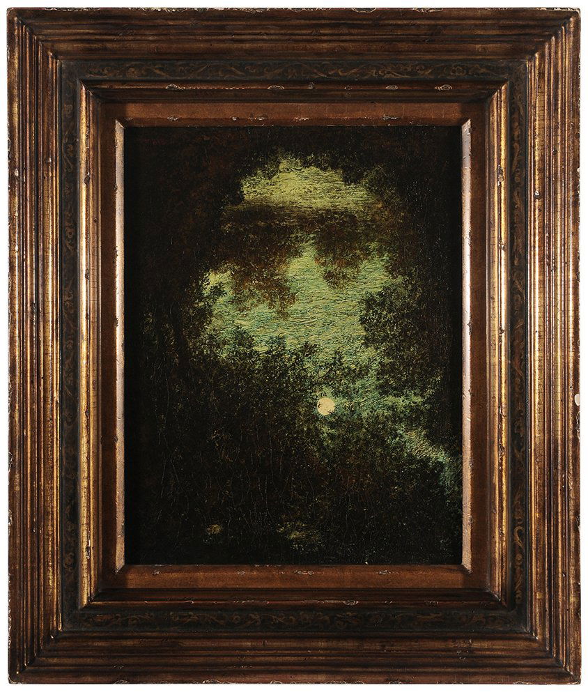 After Ralph Albert Blakelock: (New York/California, 1847-1919) Summer Moonlight, (NBI-1928 IV), signed lower right "R.A. Blakelock", oil on canvas, 18 x 14 in.; fine gilt, painted and stenciled wood frame, lined with wax and linen