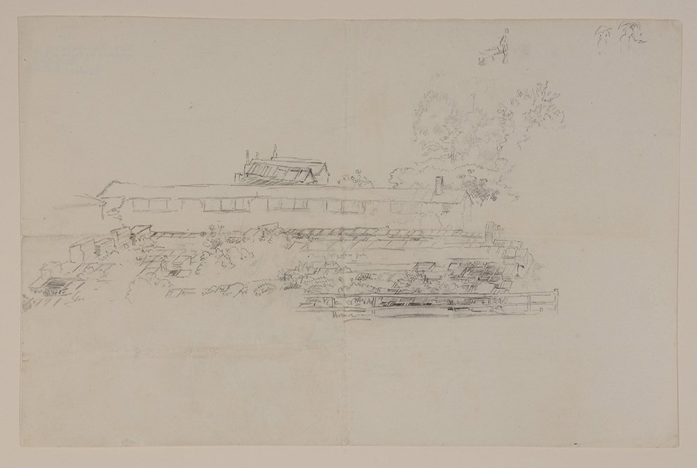Ralph Albert Blakelock: (New York/California, 1847-1919) Green Houses (NBI 1461), unsigned, inscribed verso "SB 138/This is an authentic drawing by/Ralph Albert Blakelock/Susielies Blakelock (?)", pencil on paper, 11 x 17 in