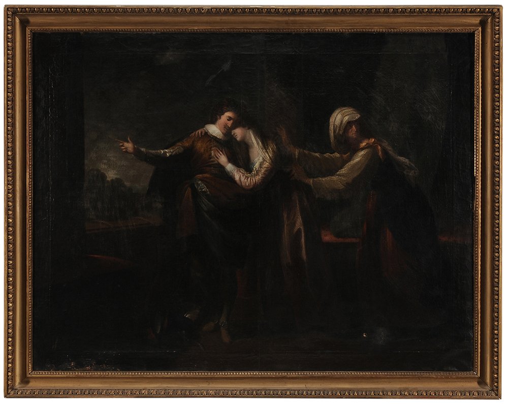 After Benjamin West: (19th century) Romeo and Juliet, representing Act III, scene 5 of Shakespeare's play, unsigned, oil on canvas, 48 x 62 in.; carved and gilt wood frame, original stretcher and tacking edge, crackle, cu