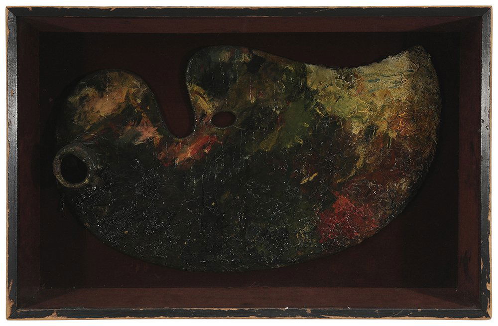 19th century Painter's Palette: Paint cover with adhered tin cup, artist unknown, 31-3/8 x 20-1/2 x 5-1/8 in.; painted shadowbox frame, some paint flaking off of tin cup; frame with abrasions. Provenance: A New York Collection