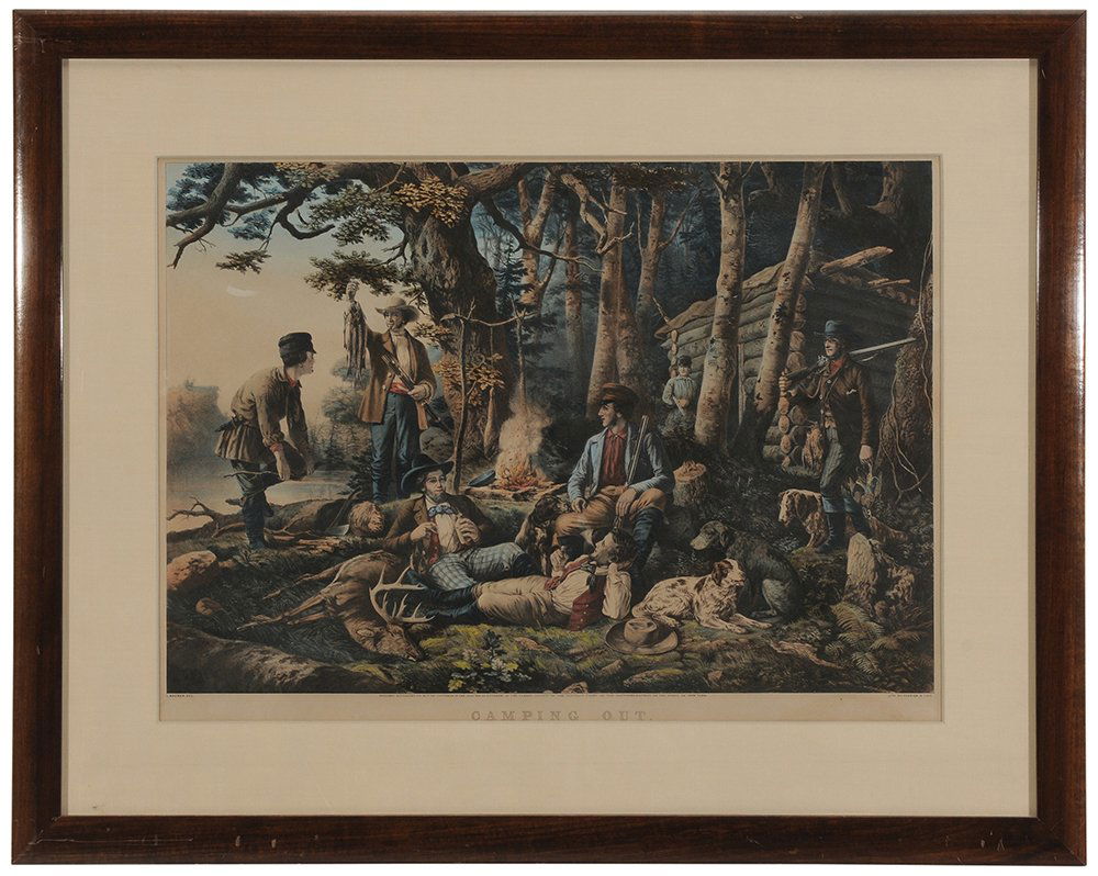 Currier & Ives: (19th century) Camping Out- Some of the right sort (Gale 867),1856, large folio after L. Maurer, hand-colored lithograph with gum arabic on paper, 18-15/16 x 27-3/8 in. (image) 21-1/2 x 29-3/4 in. (sh